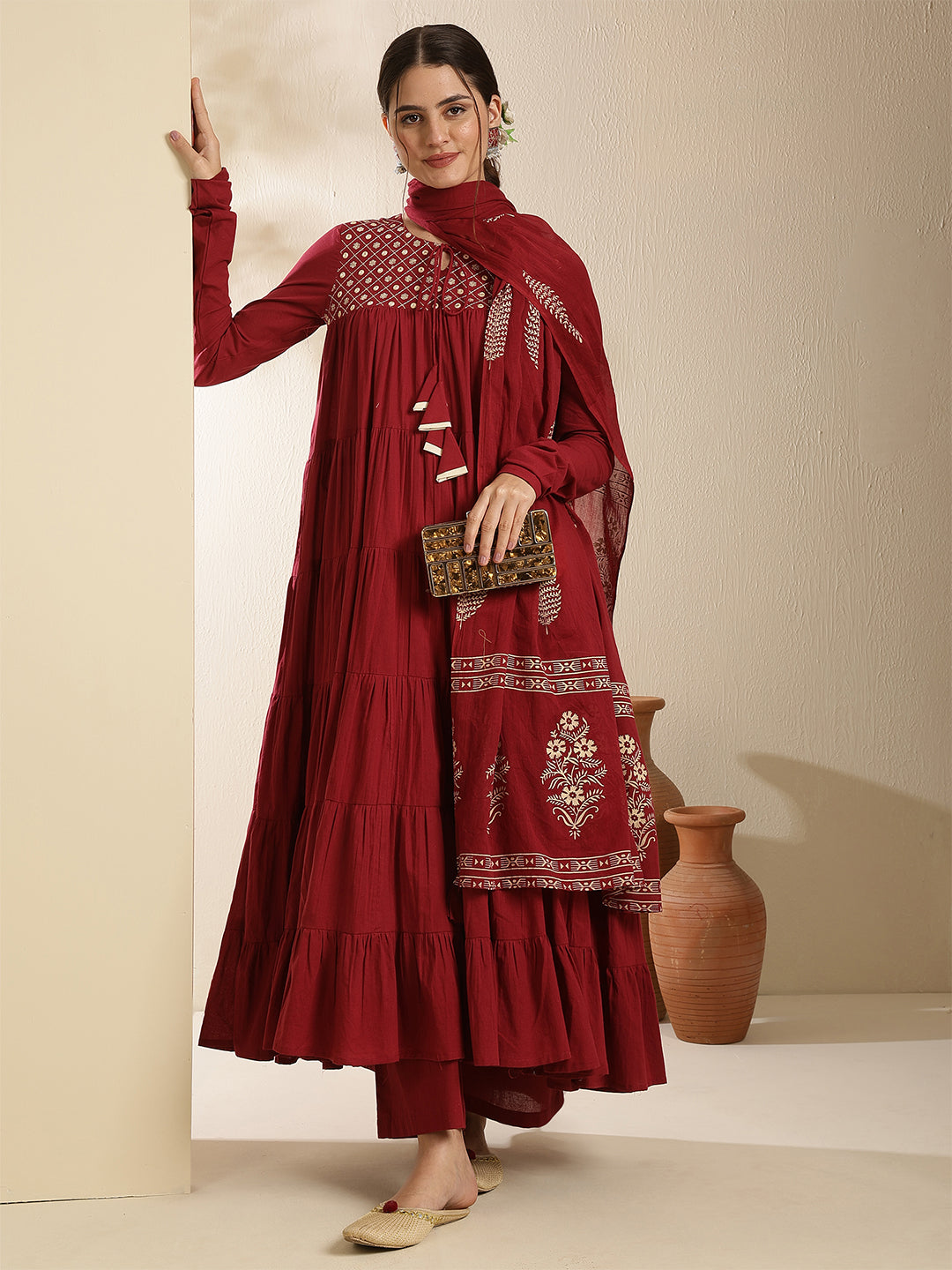Cotton Calf Length Printed Full Sleeve Key Hole Neck Tired Kurta Bottom With Dupatta (Preorder)
