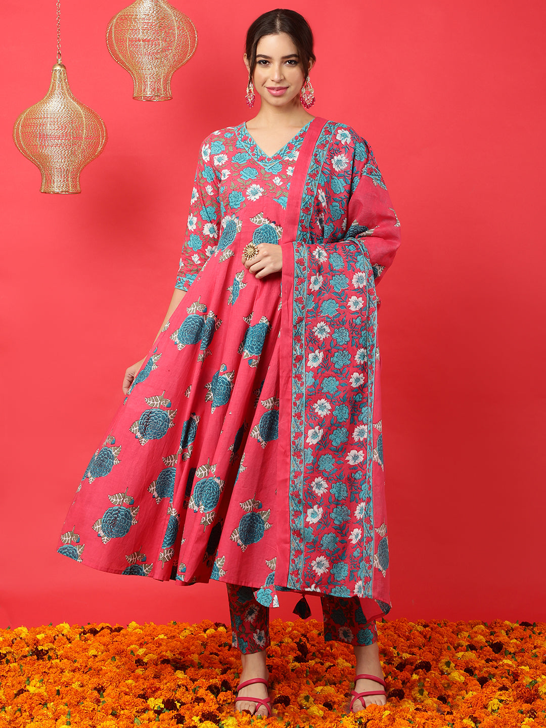 Cotton  Calf Length Printed Flared 3/4 Sleeves V-Neck Kurta Bottom Dupatta Set