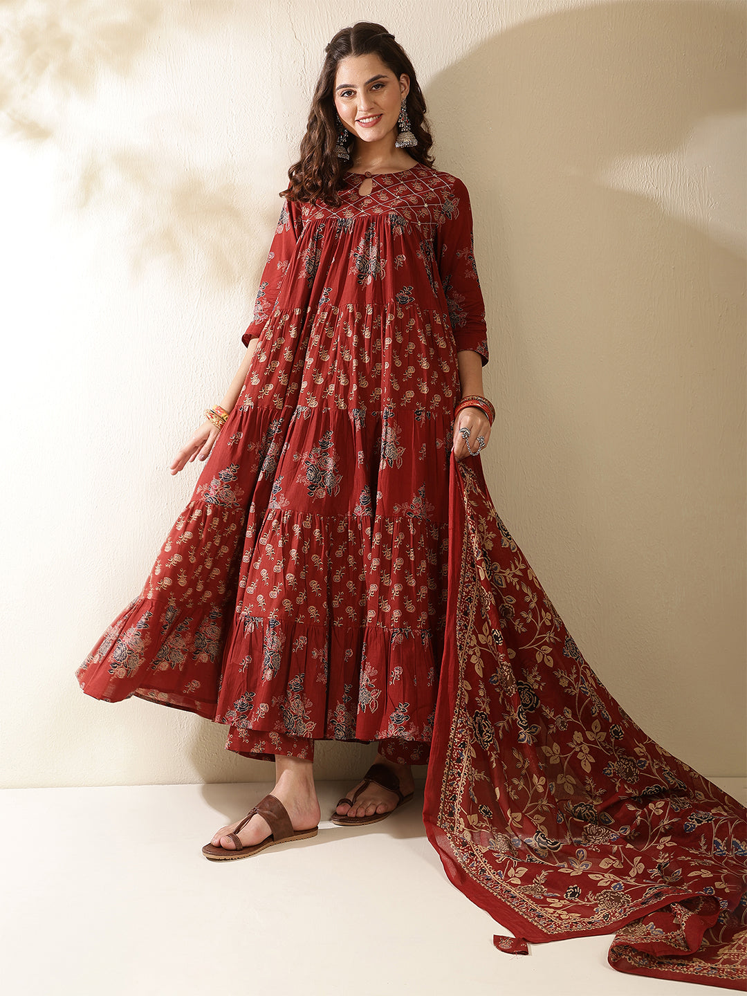Cotton Calf Length Printed 3/4 Sleeve Key Hole Neck Tiered Kurta Bottom With Dupatta