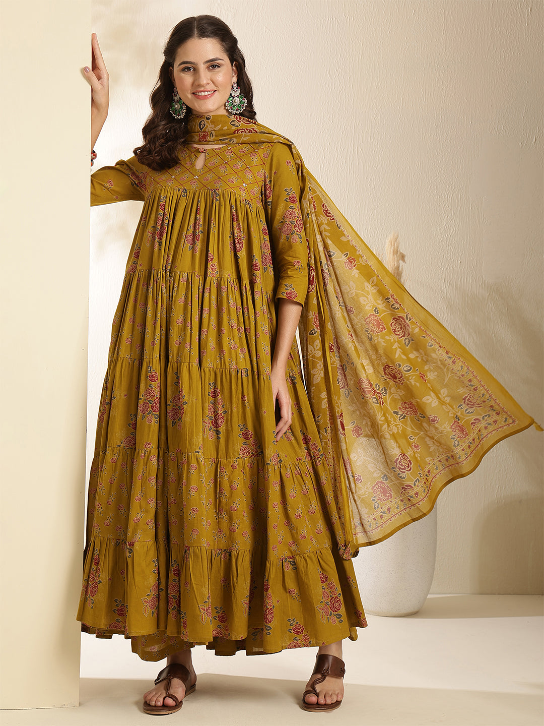Cotton Calf Length Printed 3/4 Sleeve Key Hole Neck Tired Kurta Bottom With Dupatta