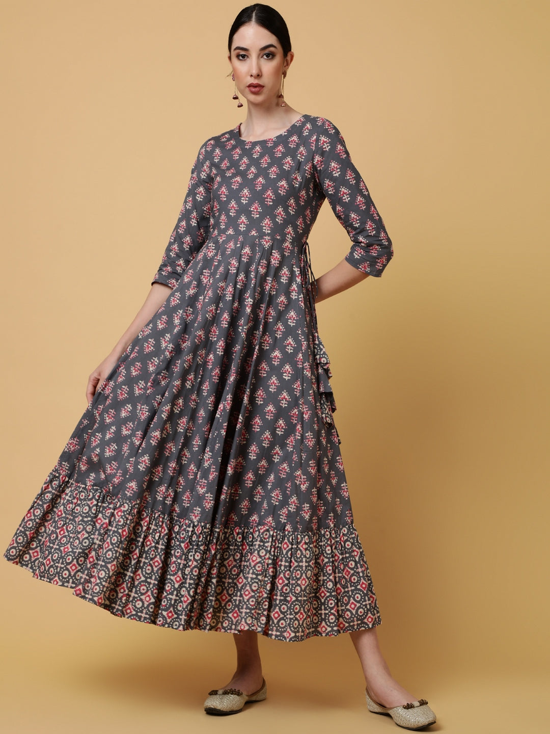 Cotton Calf Length Printed Flared 3/4 Sleeves Round Kurta