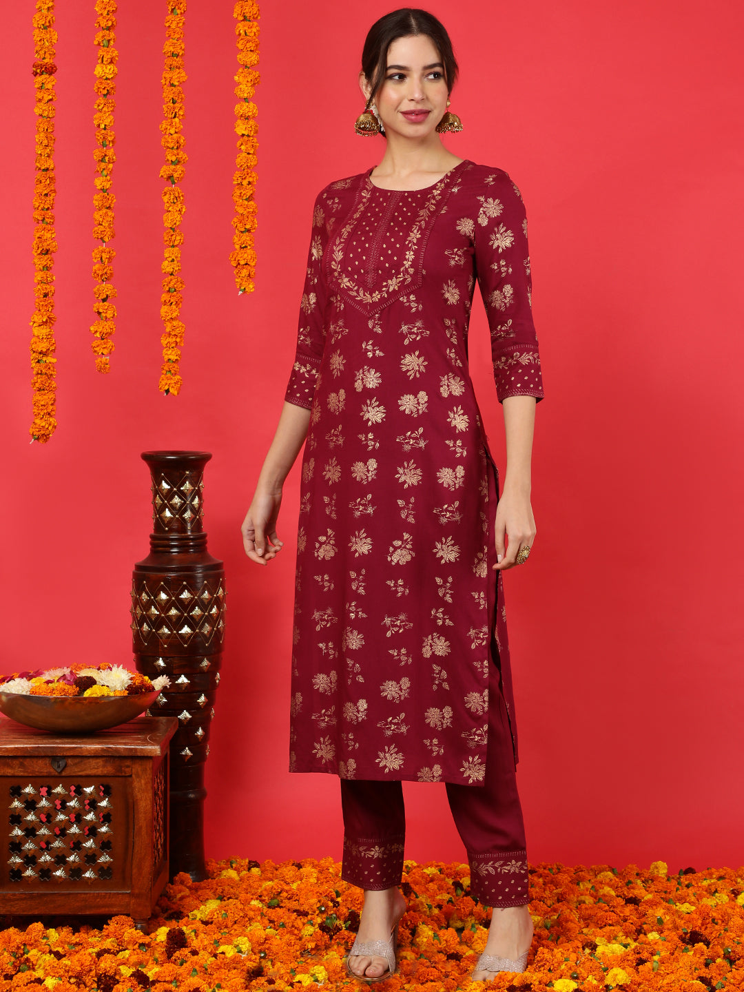 Rayon Calf Length Printed Straight 3/4 Sleeves Round Neck Kurta Bottom Dupatta Set