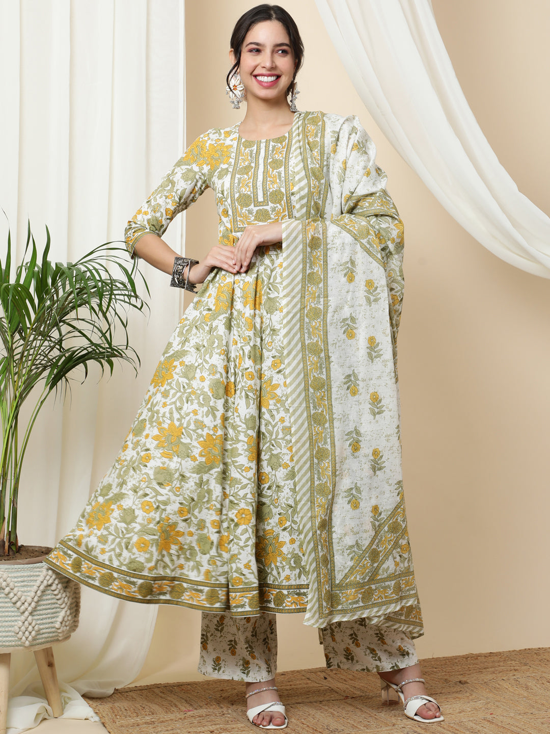 Cotton Calf Length Printed Flared 3/4 Sleeves Round Kurta Bottom Dupatta Set