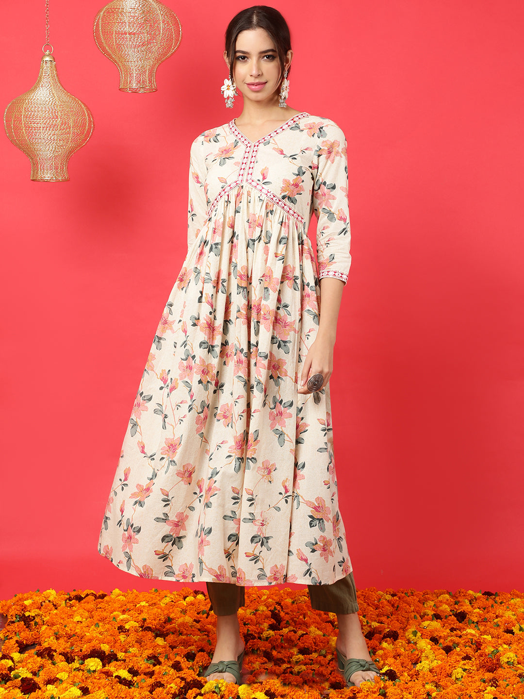 Rayon  Calf Length Printed Semi-Flared 3/4 Sleeves V-Neck Kurta