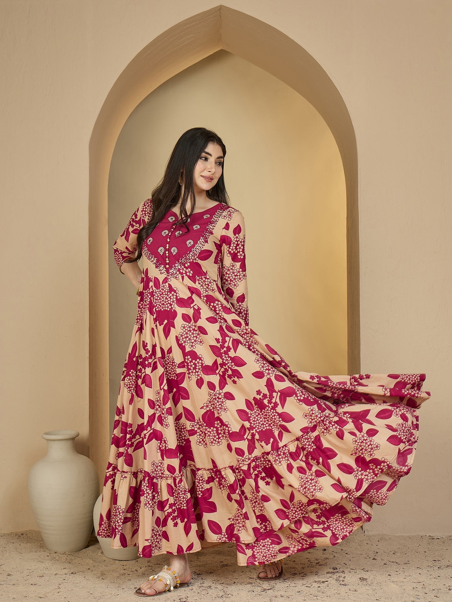 Cotton Ankle Length Printed 3/4 Sleeves Sweetheart Neck Anarkali Kurta