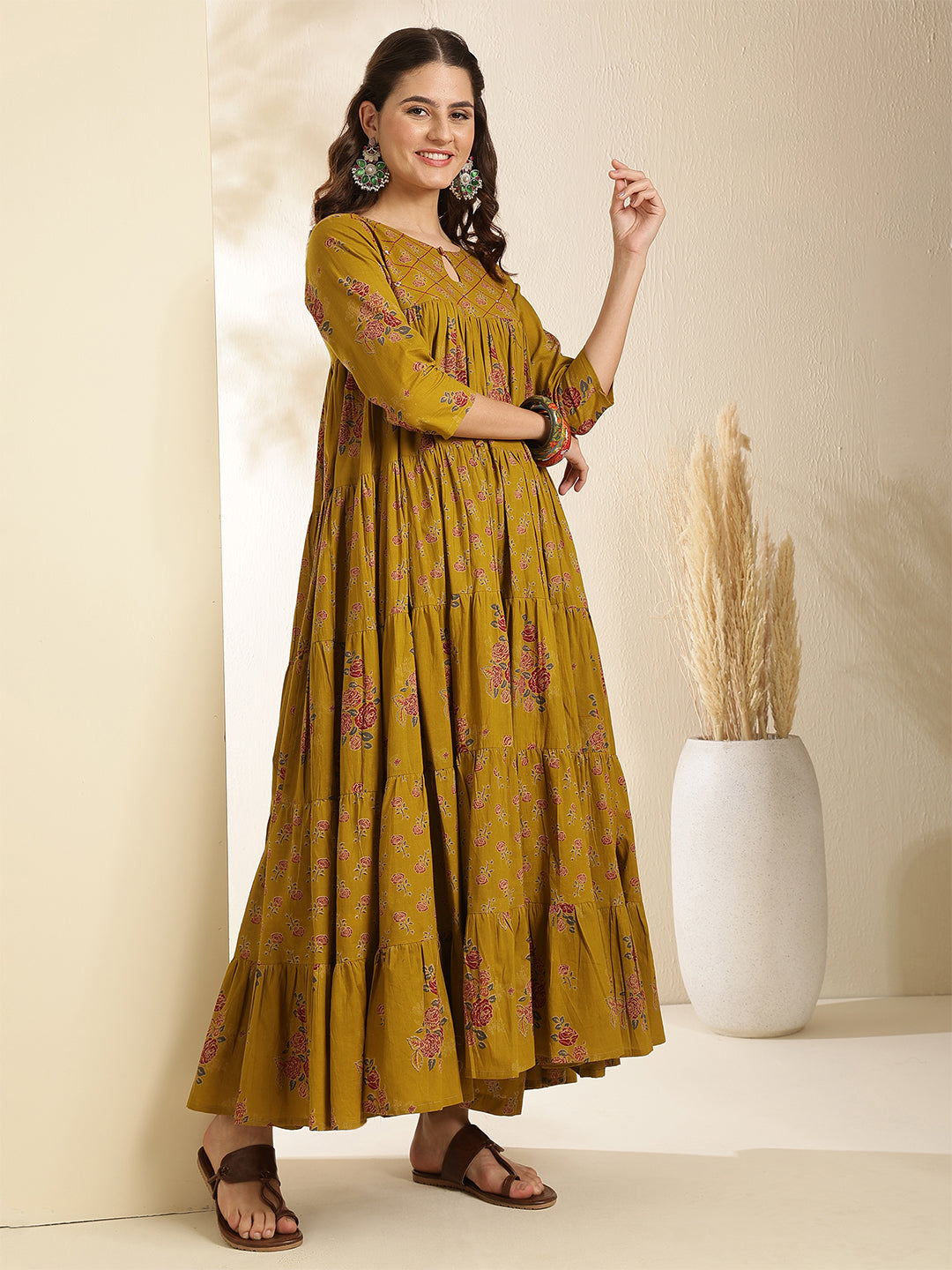 Cotton Calf Length Printed 3/4 Sleeve Key Hole Neck Tired Kurta Bottom With Dupatta