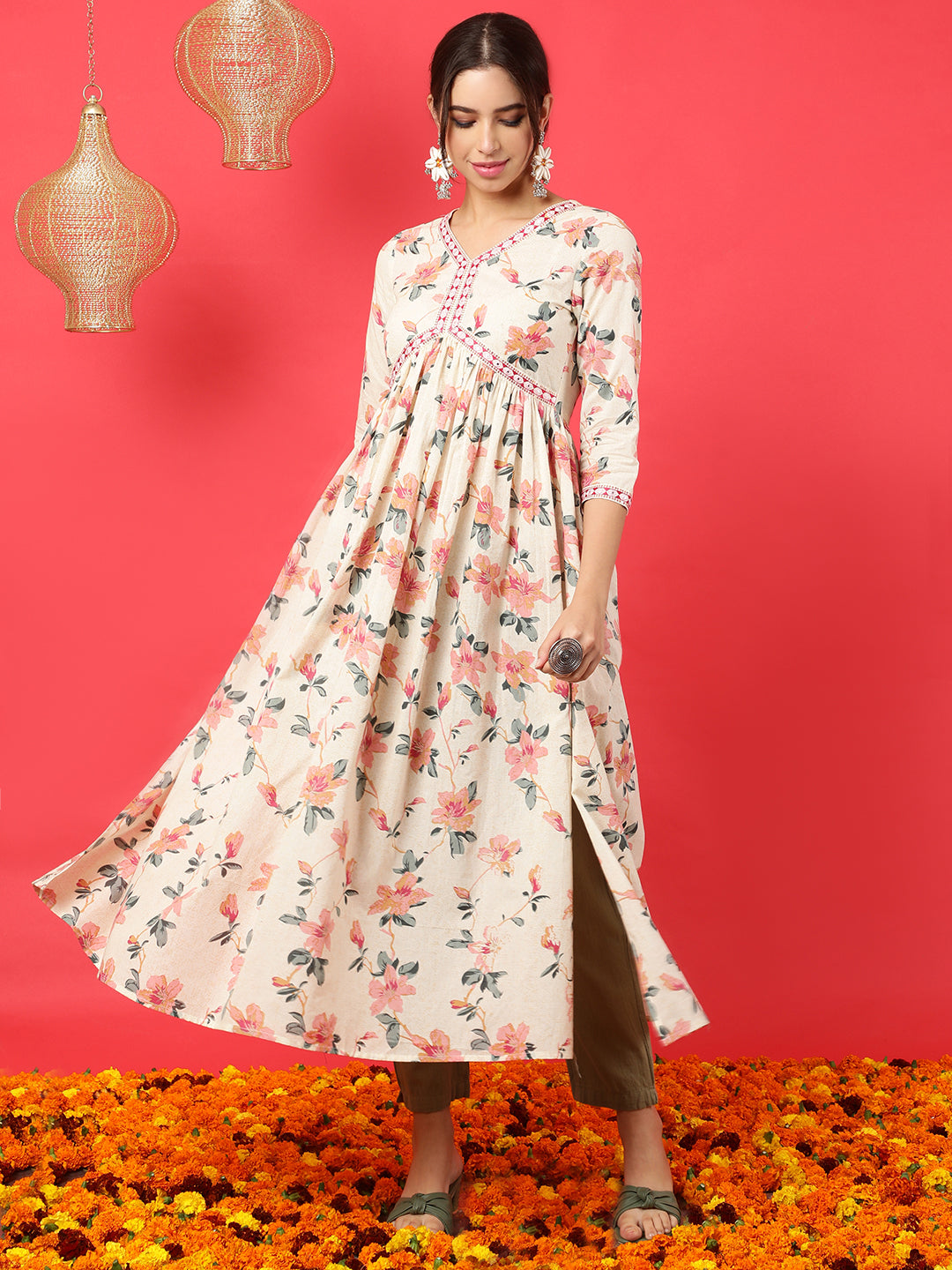 Rayon  Calf Length Printed Semi-Flared 3/4 Sleeves V-Neck Kurta