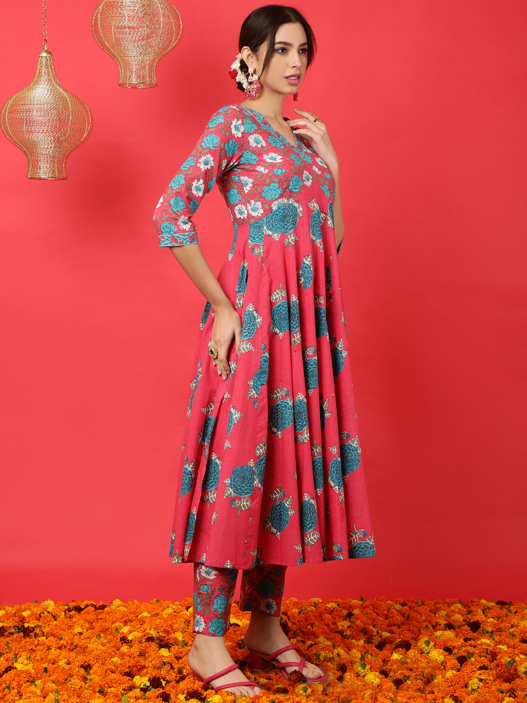 Cotton  Calf Length Printed Flared 3/4 Sleeves V-Neck Kurta Bottom Dupatta Set