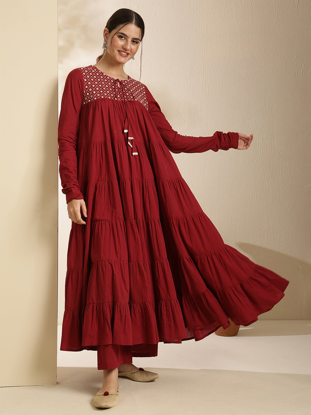 Cotton Calf Length Printed Full Sleeve Key Hole Neck Tired Kurta Bottom With Dupatta (Preorder)