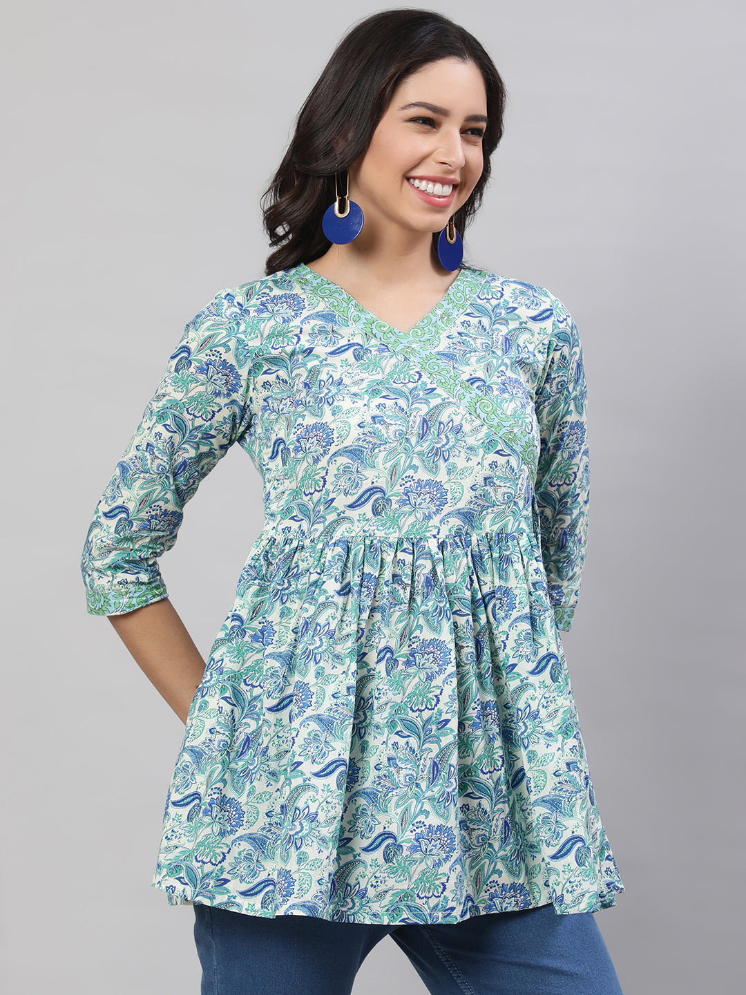 Printed 3/4 Sleeves Regular Pure Cotton Top