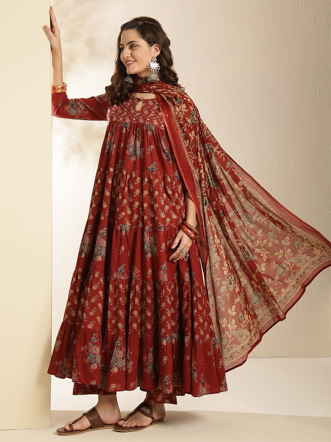 Cotton Calf Length Printed 3/4 Sleeve Key Hole Neck Tired Kurta Bottom With Dupatta