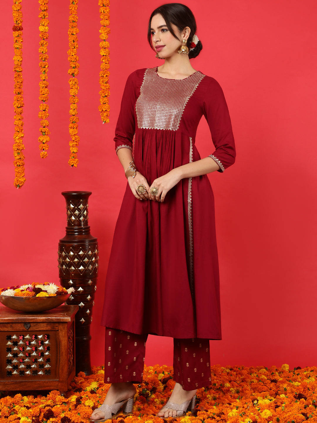 Rayon Calf Length Solid Flared 3/4 Sleeves Round Neck Kurta Bottom Dupatta Set