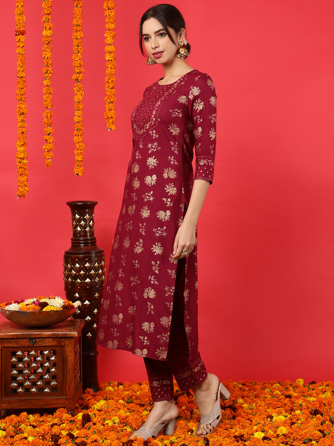 Rayon Calf Length Printed Straight 3/4 Sleeves Round Neck Kurta Bottom Dupatta Set