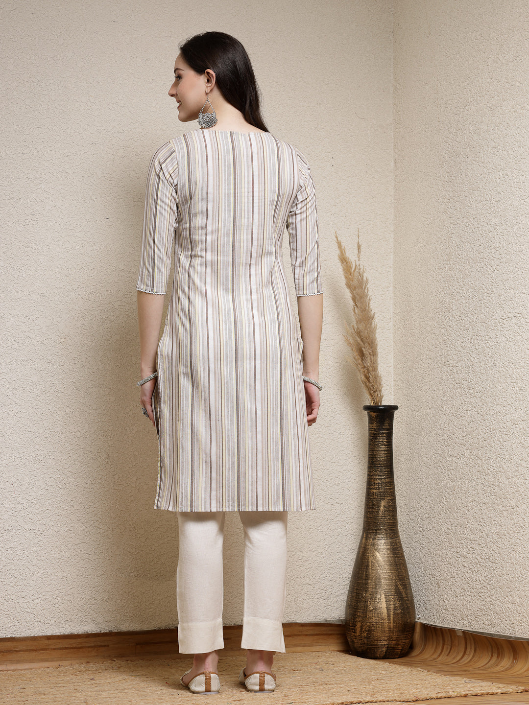 Woven Striped Cotton Blend Straight Kurta