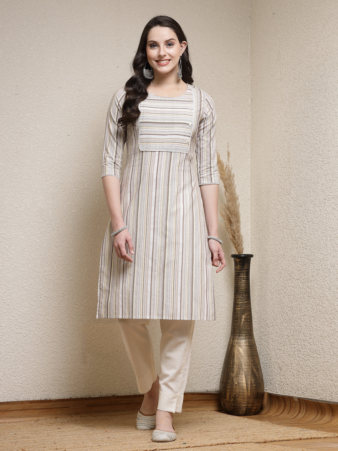 Woven Striped Cotton Blend Straight Kurta
