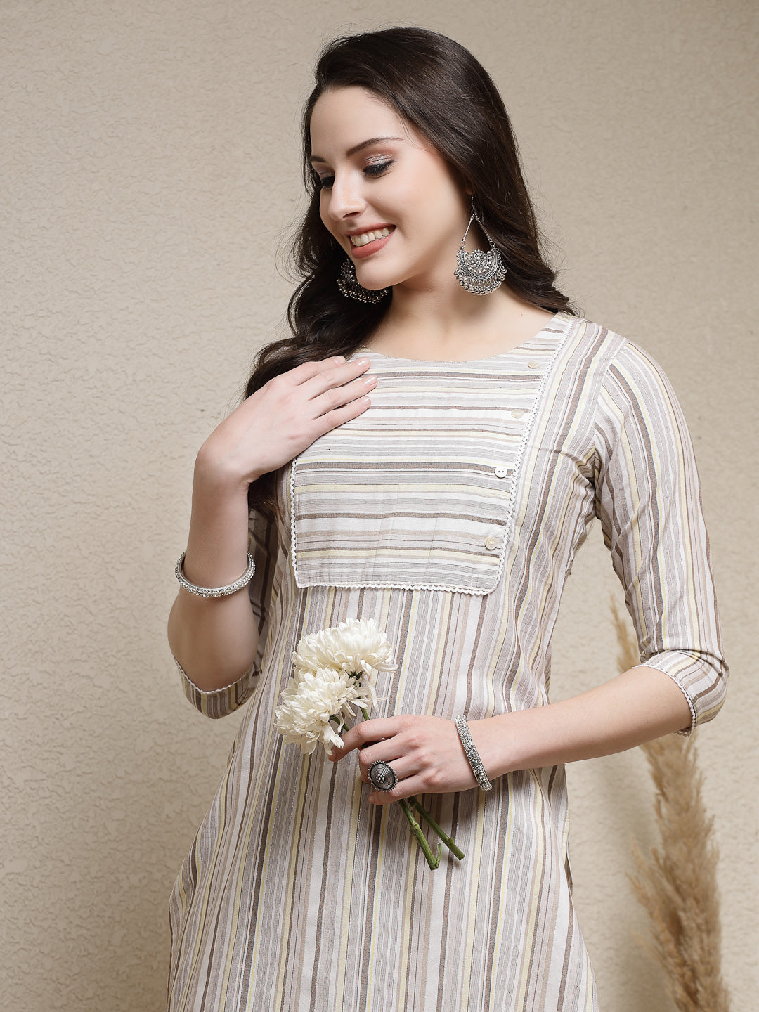 Woven Striped Cotton Blend Straight Kurta
