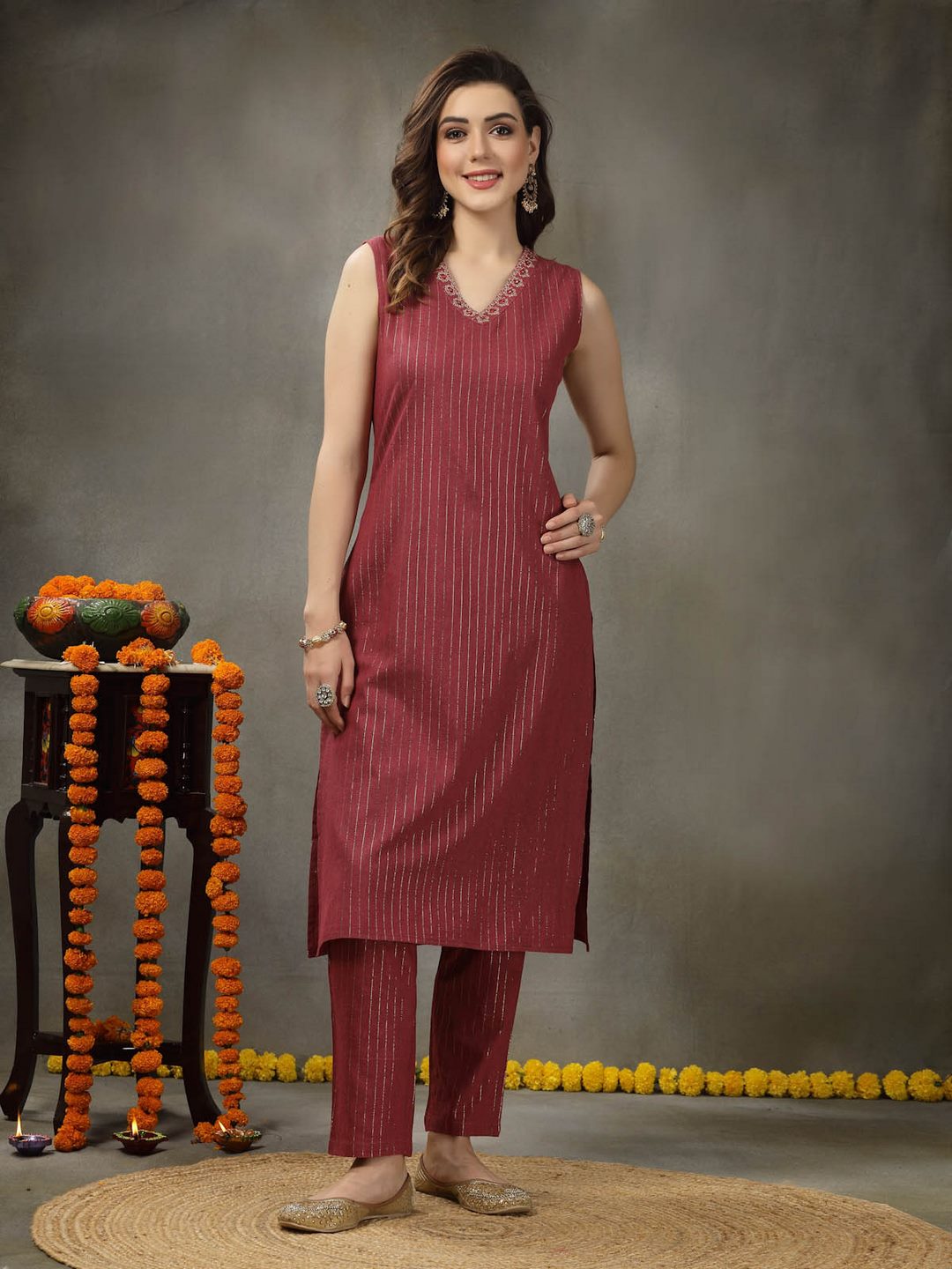 Woven Designed Cotton Blend Straight Kurta Pant Dupatta Set