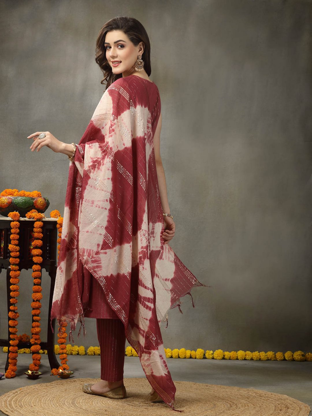Woven Designed Cotton Blend Straight Kurta Pant Dupatta Set