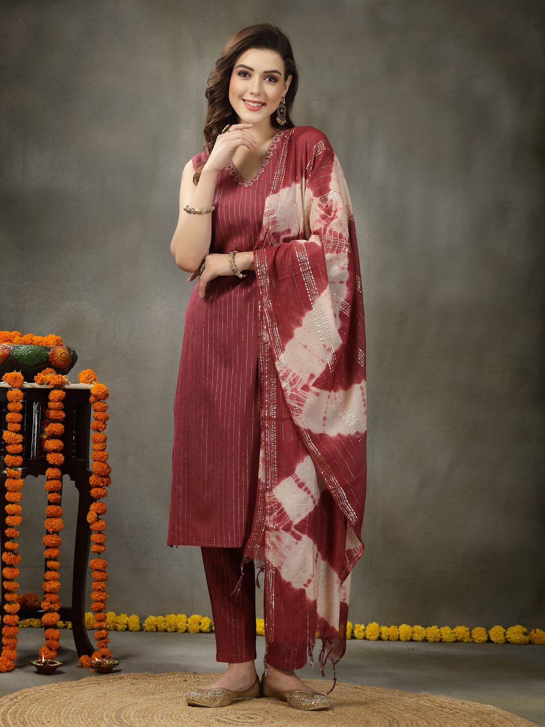 Woven Designed Cotton Blend Straight Kurta Pant Dupatta Set