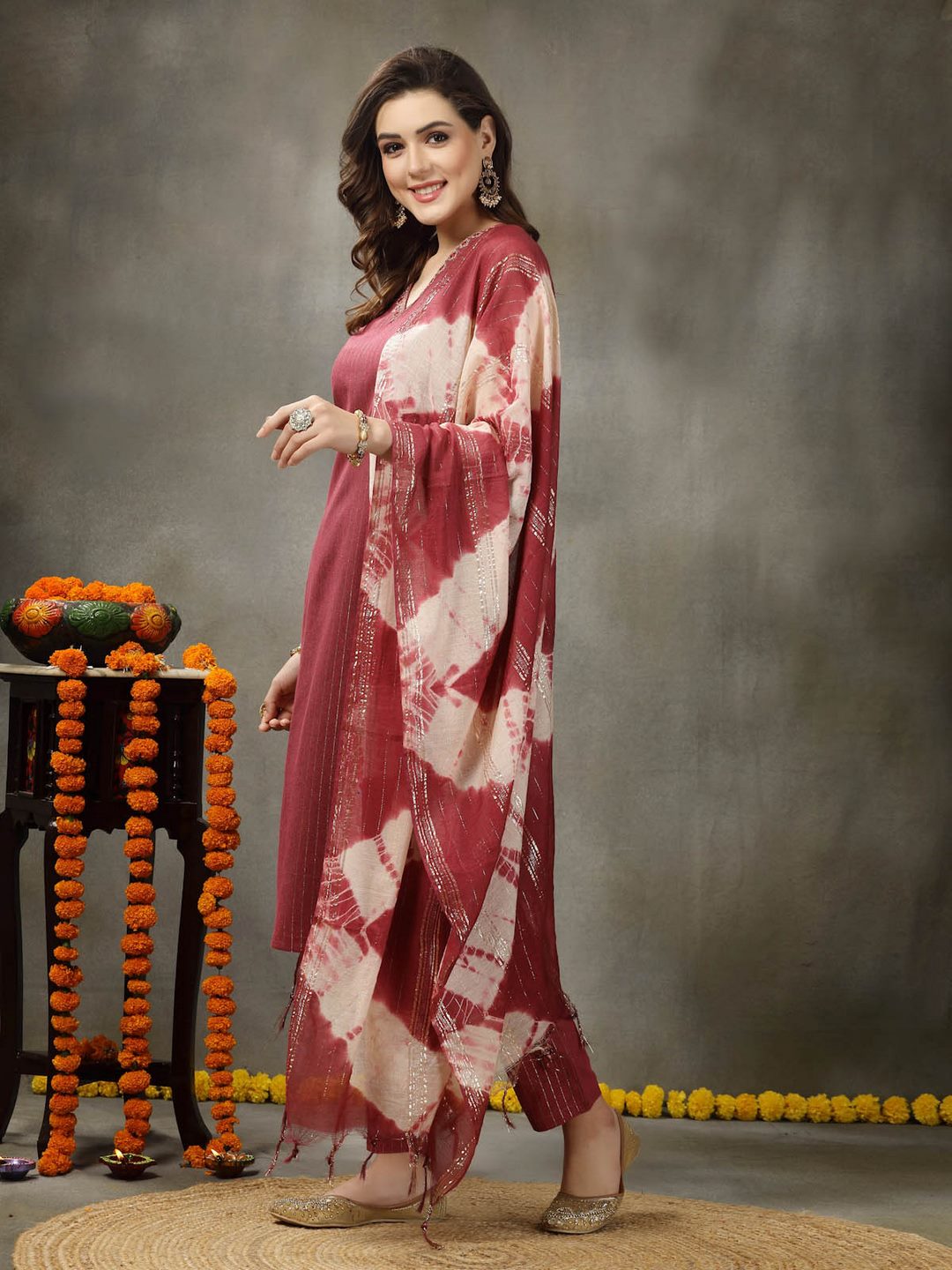 Woven Designed Cotton Blend Straight Kurta Pant Dupatta Set