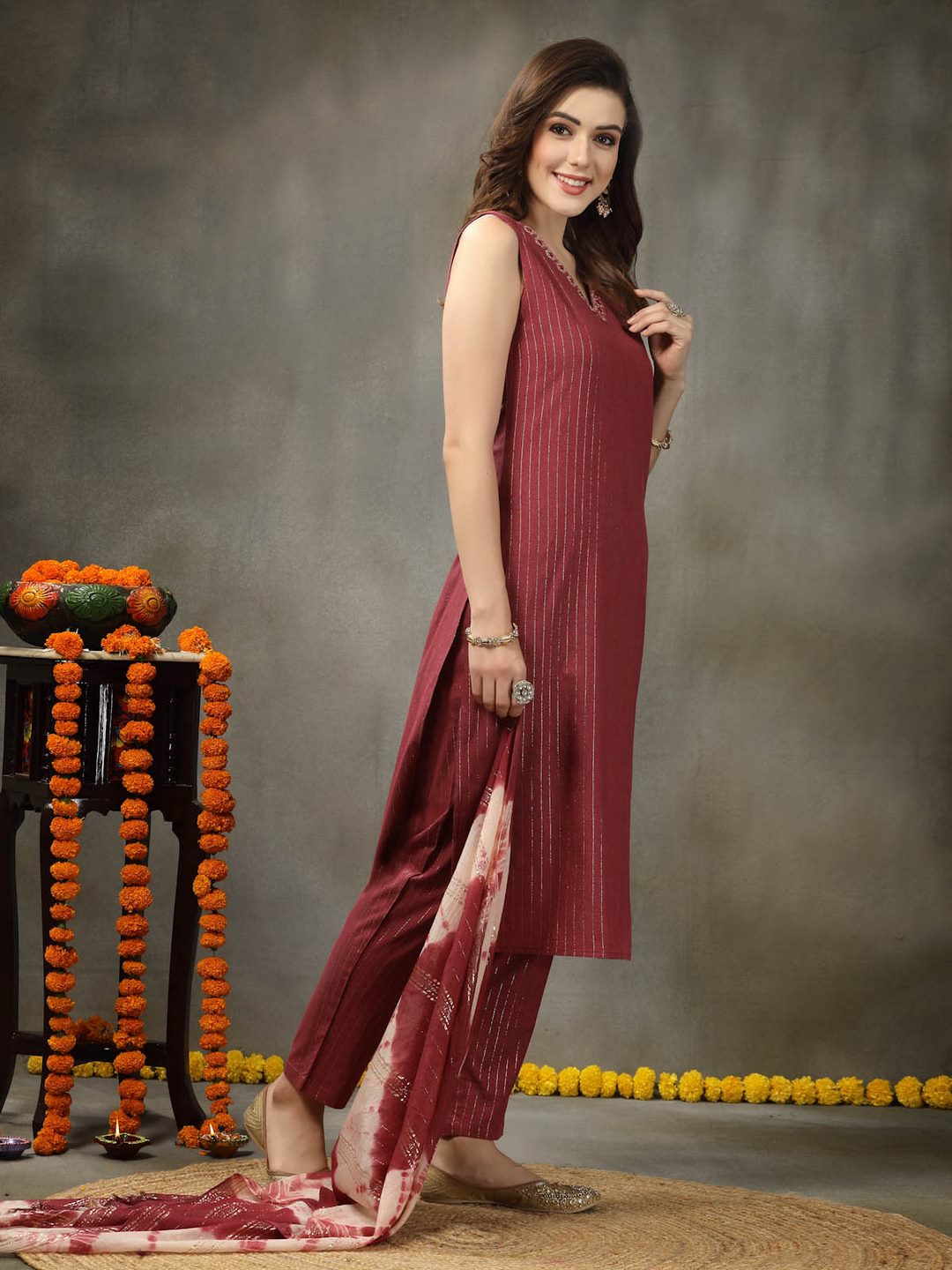 Woven Designed Cotton Blend Straight Kurta Pant Dupatta Set
