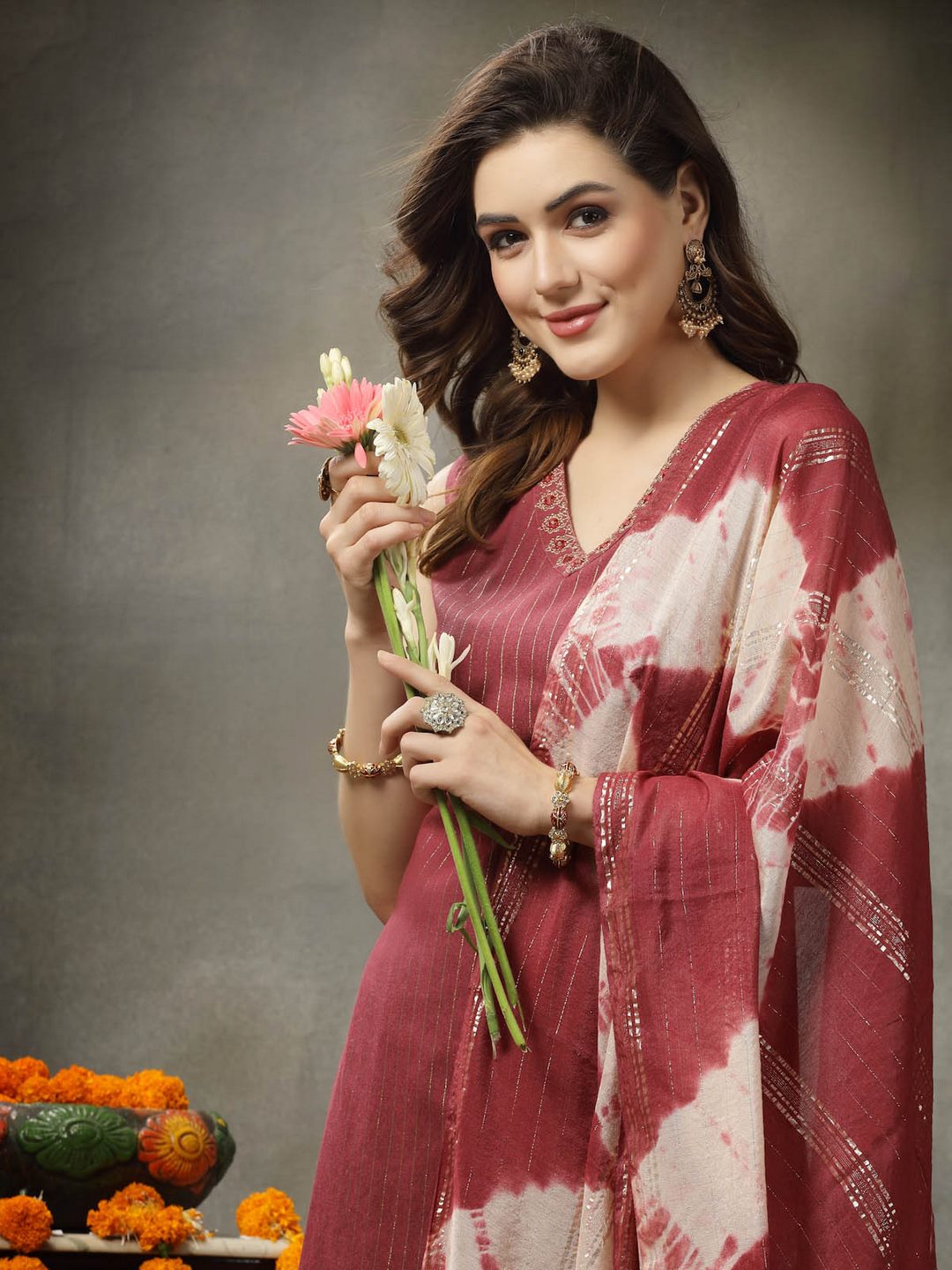 Woven Designed Cotton Blend Straight Kurta Pant Dupatta Set