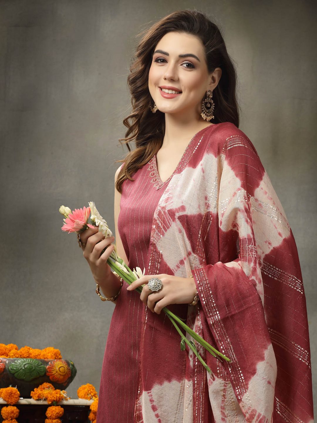 Woven Designed Cotton Blend Straight Kurta Pant Dupatta Set