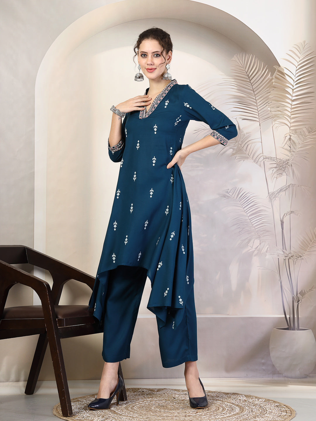 Rayon Calf Length Printed Asymmetric 3/4 Sleeves V Neck Kurta Suit Set