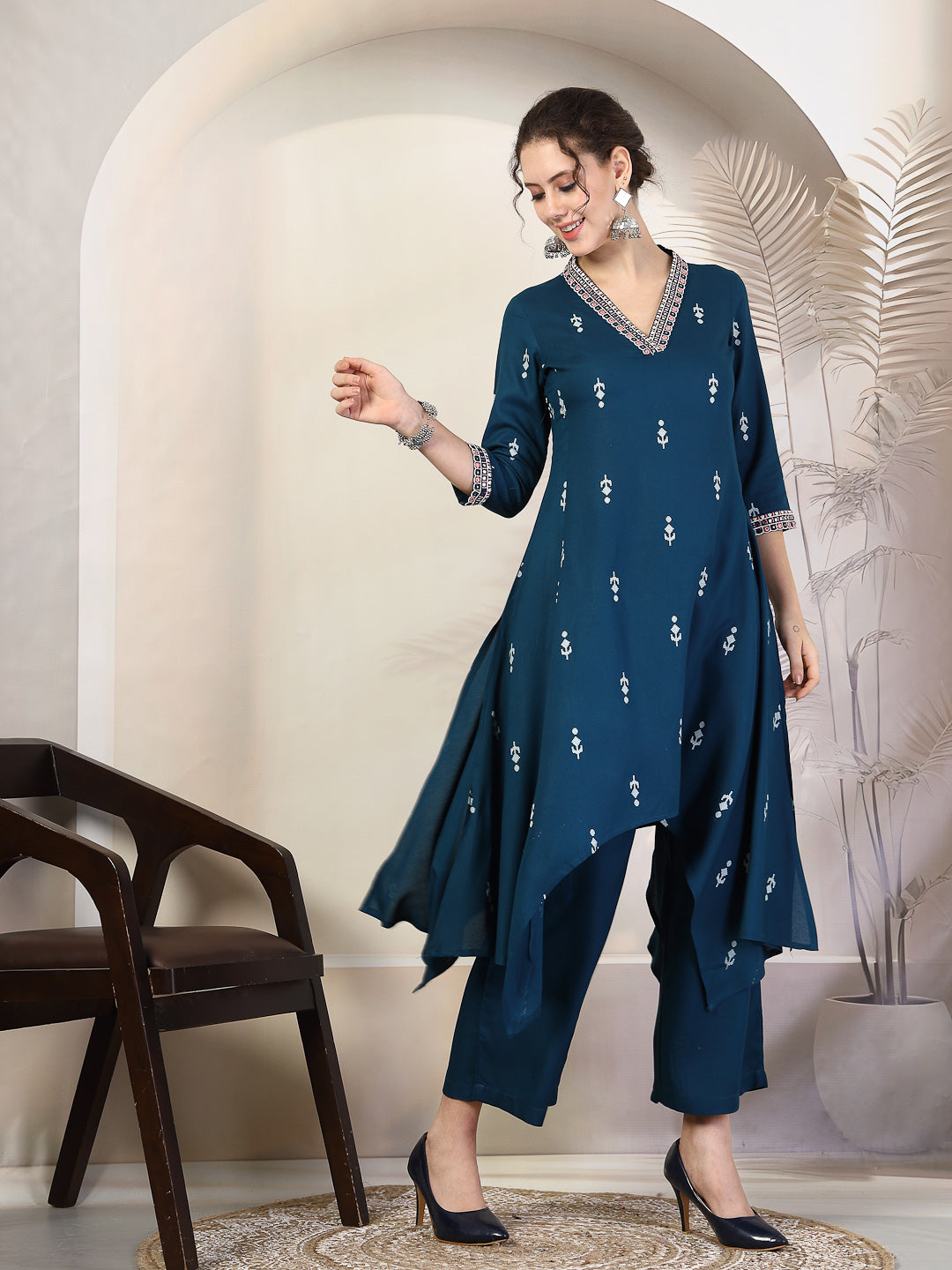 Rayon Calf Length Printed Asymmetric 3/4 Sleeves V Neck Kurta Suit Set