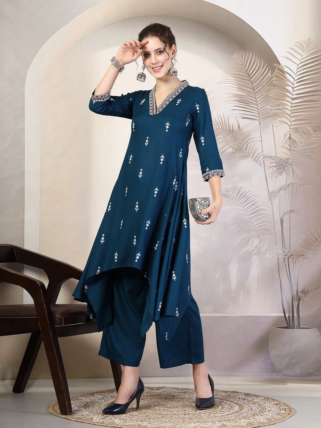 Rayon Calf Length Printed Asymmetric 3/4 Sleeves V Neck Kurta Suit Set