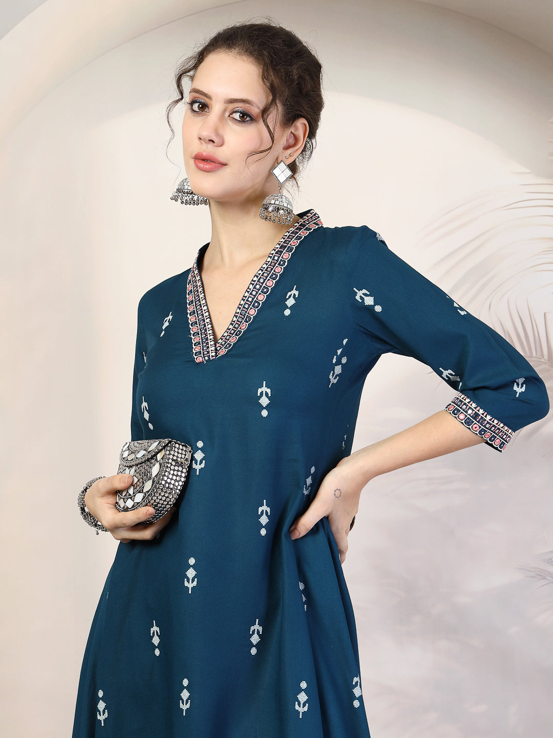 Rayon Calf Length Printed Asymmetric 3/4 Sleeves V Neck Kurta Suit Set