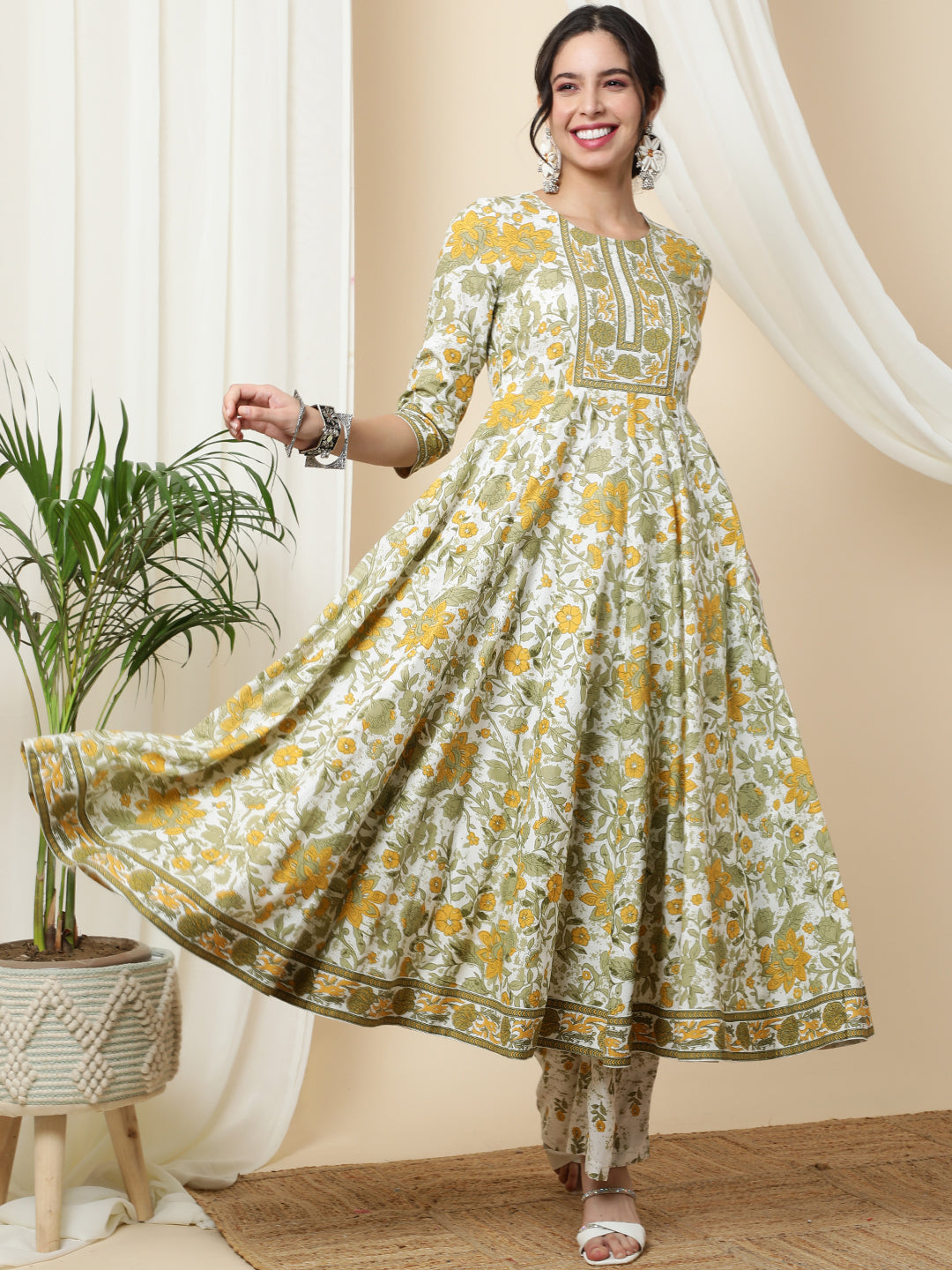 Cotton Calf Length Printed Flared 3/4 Sleeves Round Kurta Bottom Dupatta Set