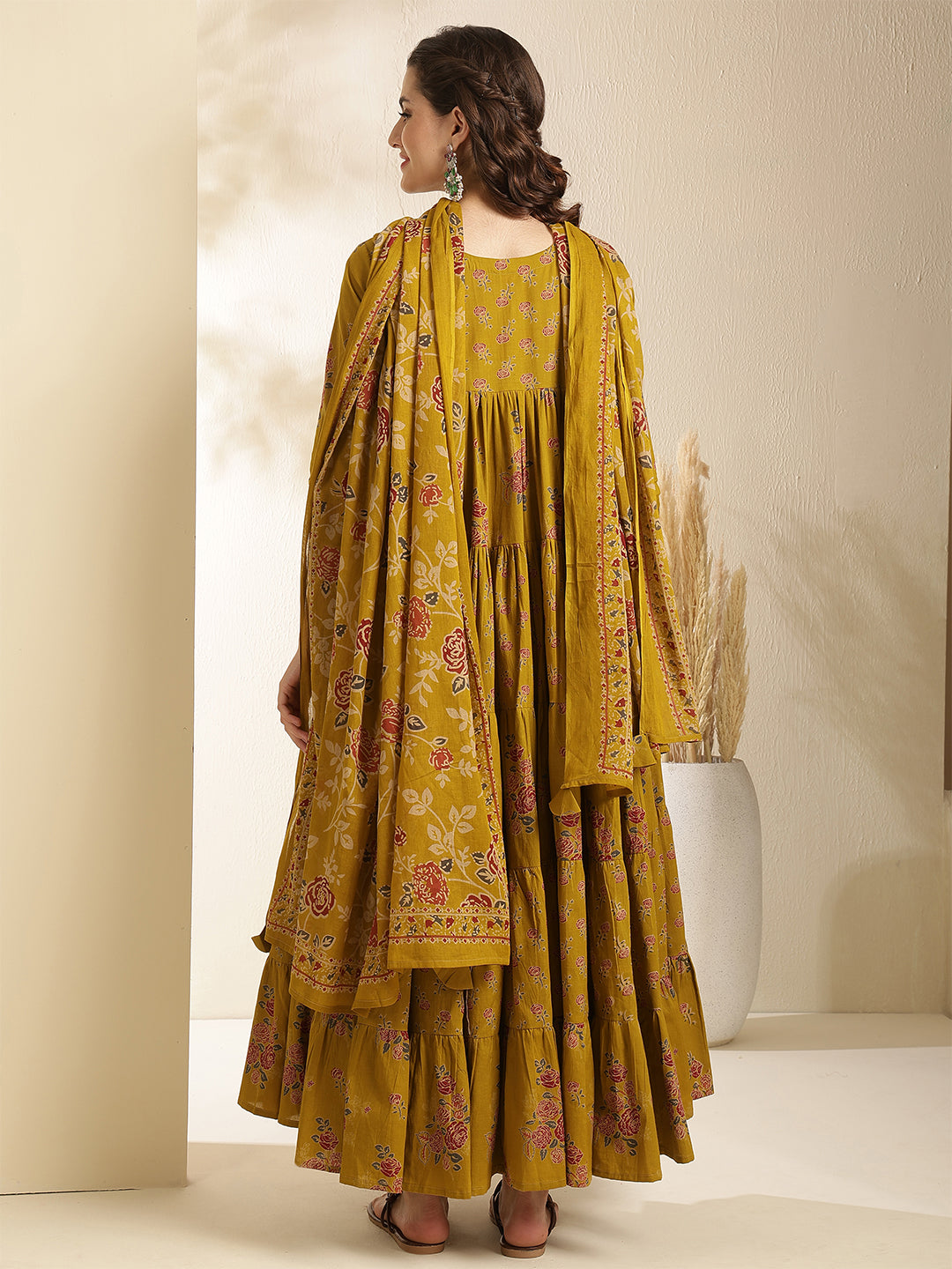 Cotton Calf Length Printed 3/4 Sleeve Key Hole Neck Tired Kurta Bottom With Dupatta