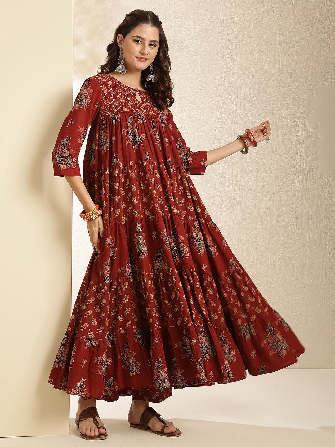 Cotton Calf Length Printed 3/4 Sleeve Key Hole Neck Tired Kurta Bottom With Dupatta