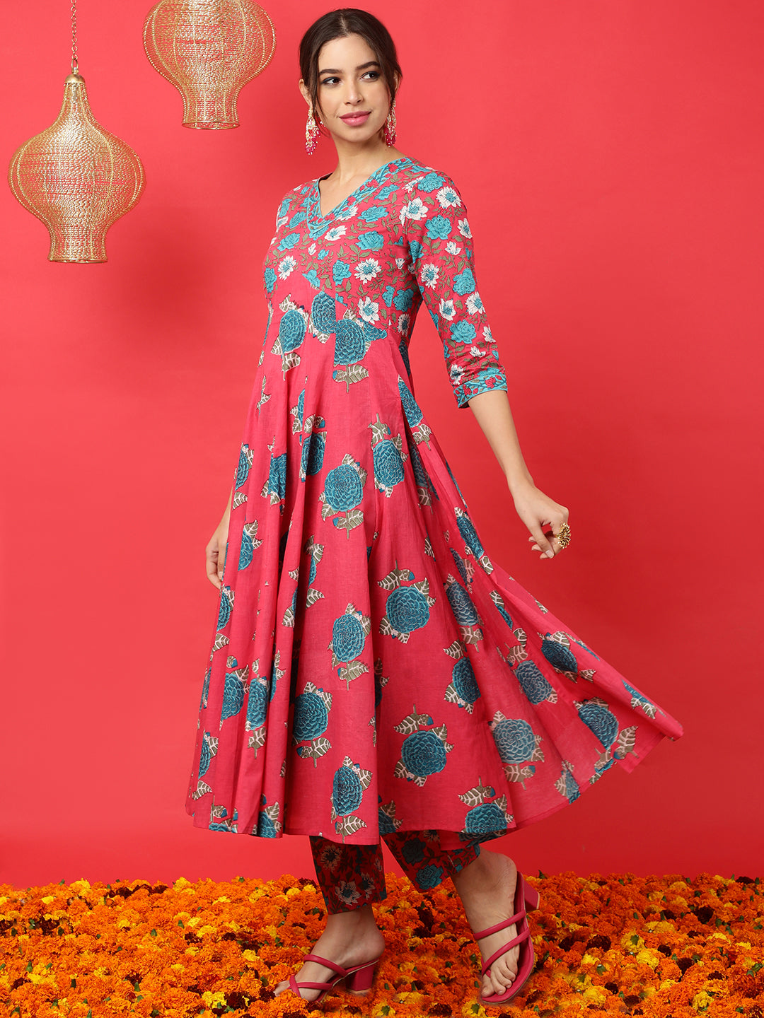 Cotton  Calf Length Printed Flared 3/4 Sleeves V-Neck Kurta Bottom Dupatta Set