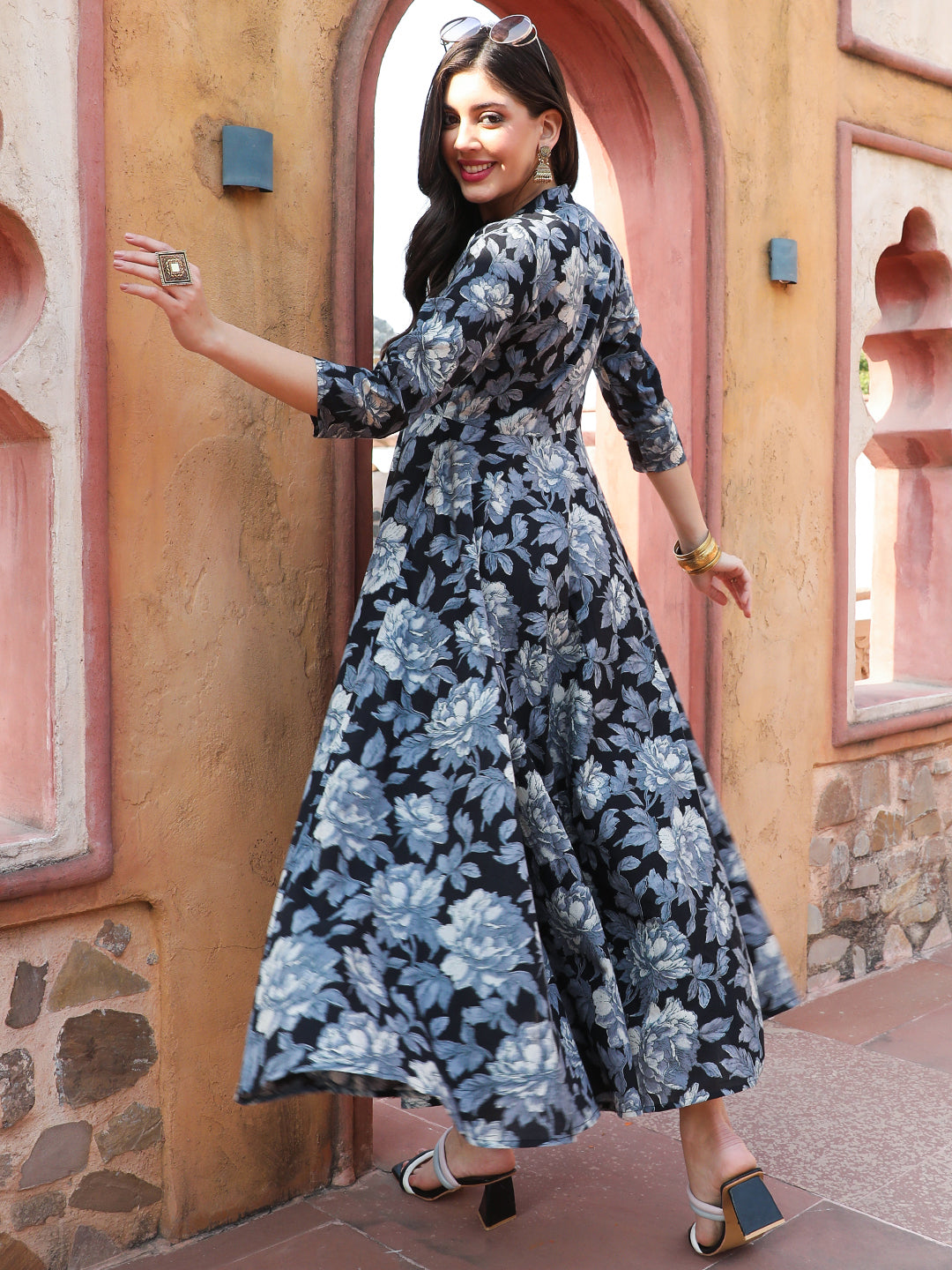 Cotton Ankle Length Printed Flared 3/4 Sleeves Collar Nack Kurta
