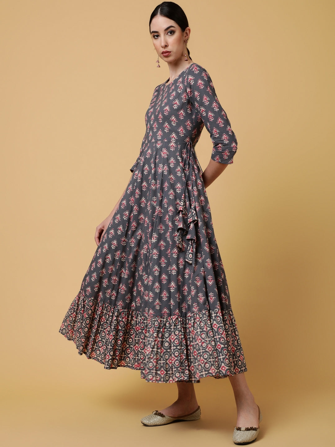 Cotton Calf Length Printed Flared 3/4 Sleeves Round Kurta