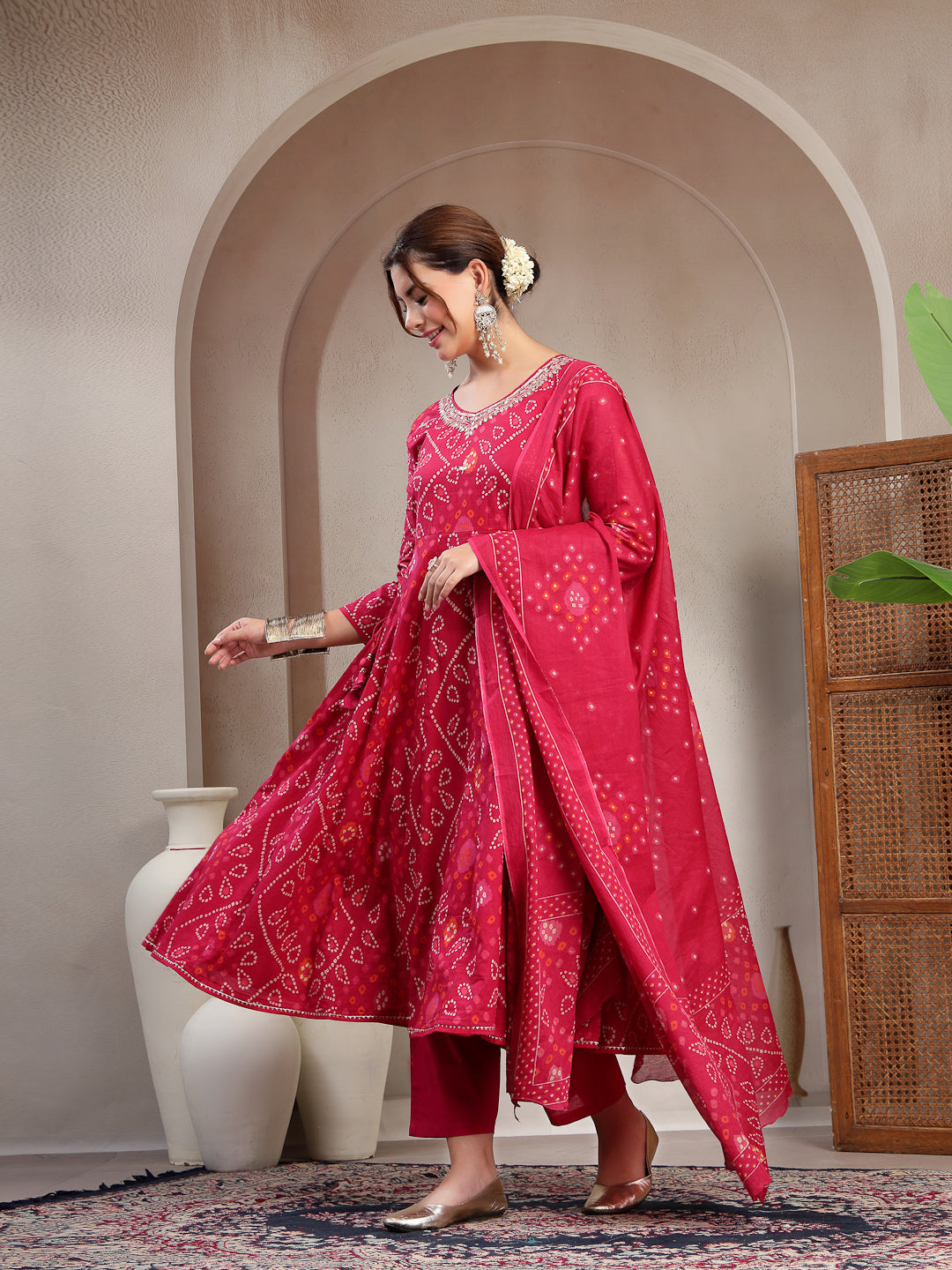 Flared Printed Cotton V-Neck Kurta Set With Dupatta
