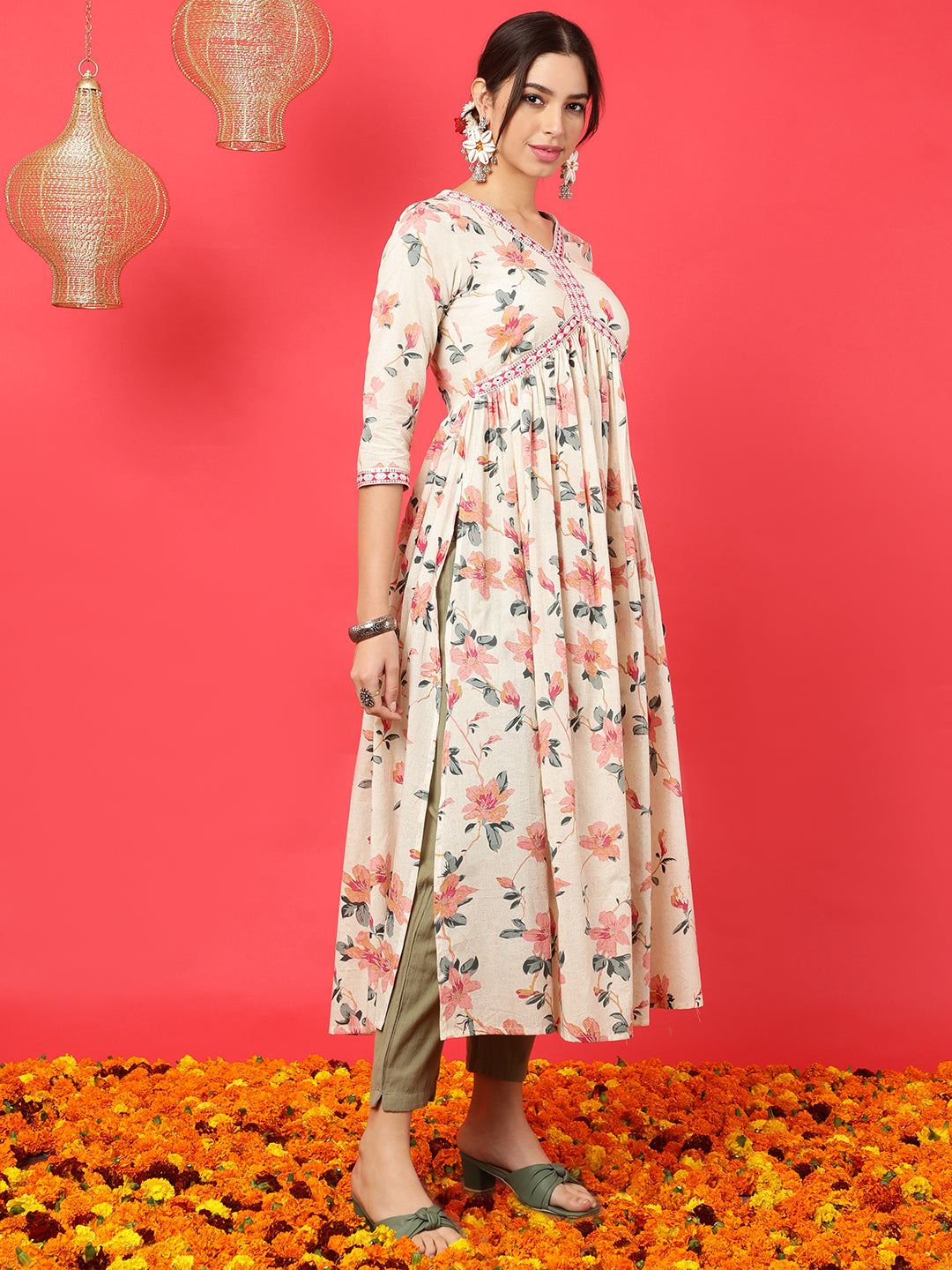 Rayon  Calf Length Printed Semi-Flared 3/4 Sleeves V-Neck Kurta