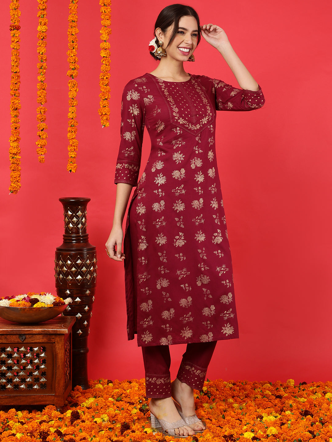 Rayon Calf Length Printed Straight 3/4 Sleeves Round Neck Kurta Bottom Dupatta Set