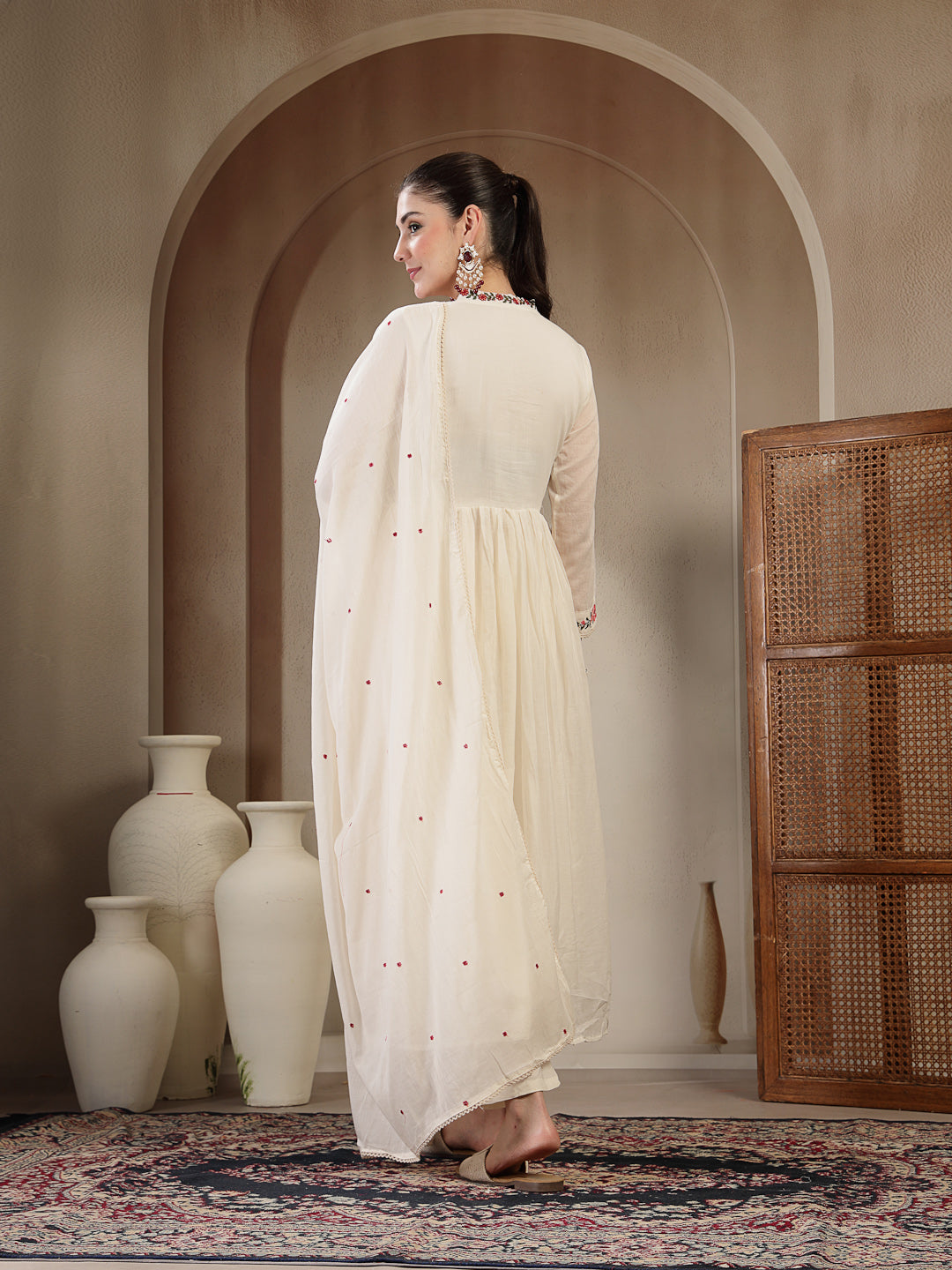 Cotton Calf Length Solid Full Sleeves Anrakha Neck Flared Kurta Suit Set With Dupatta