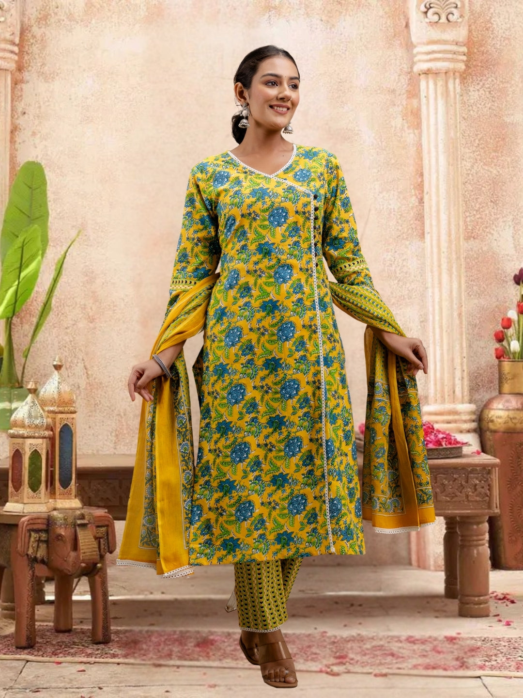 Floral Bliss Yellow Cotton Kurta Set With Dupatta.