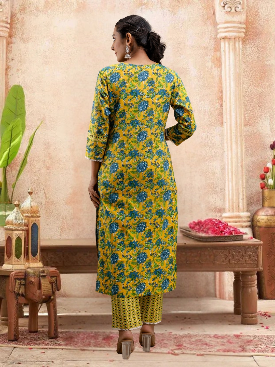 Floral Bliss Yellow Cotton Kurta Set With Dupatta.