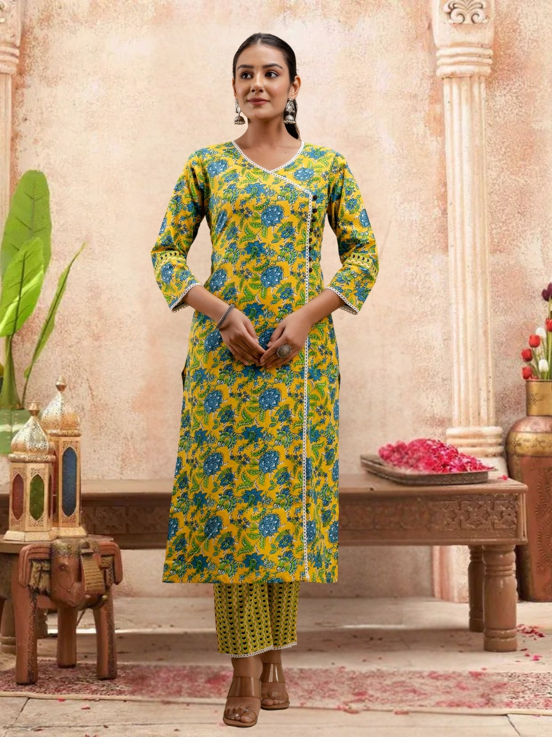 Floral Bliss Yellow Cotton Kurta Set With Dupatta.
