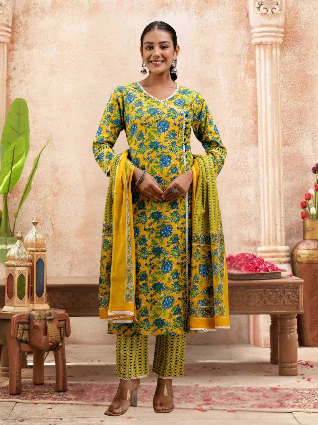Floral Bliss Yellow Cotton Kurta Set With Dupatta.