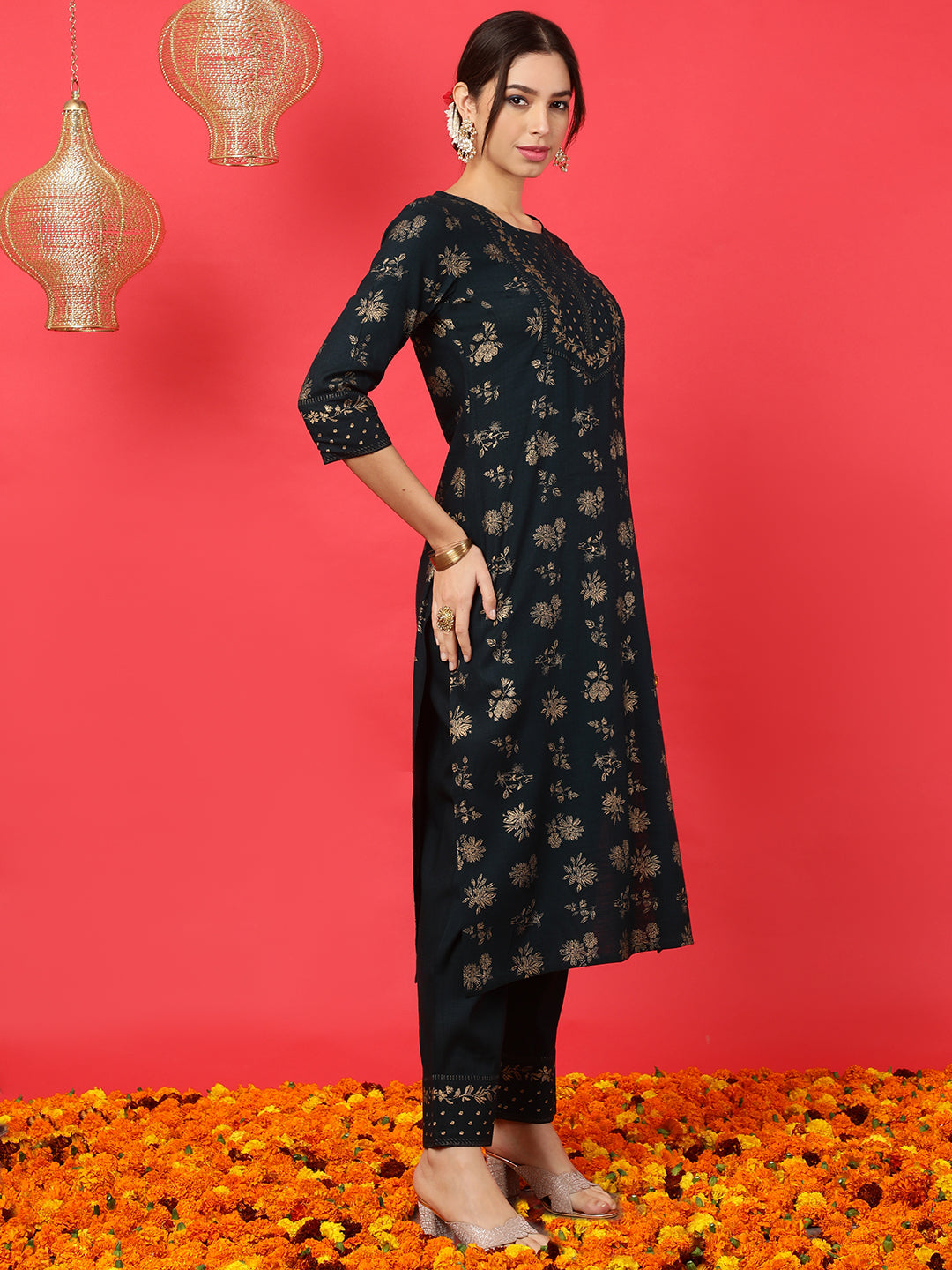 Rayon Calf Length Printed Straight 3/4 Sleeves Round Neck Kurta Bottom Dupatta Set