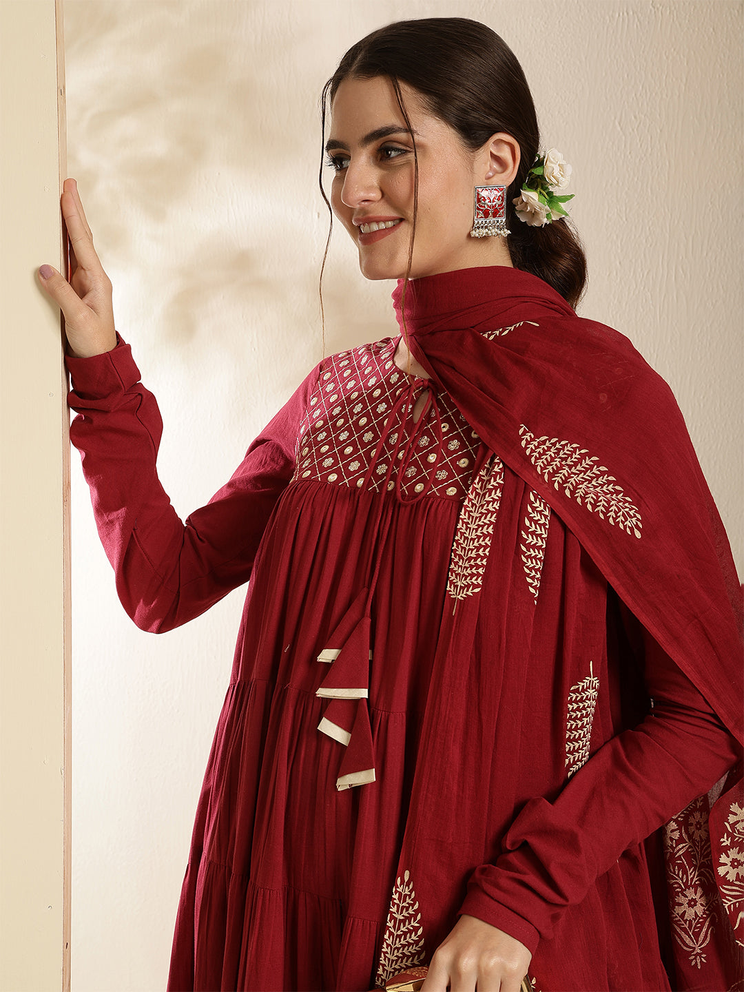 Cotton Calf Length Printed Full Sleeve Key Hole Neck Tired Kurta Bottom With Dupatta (Preorder)