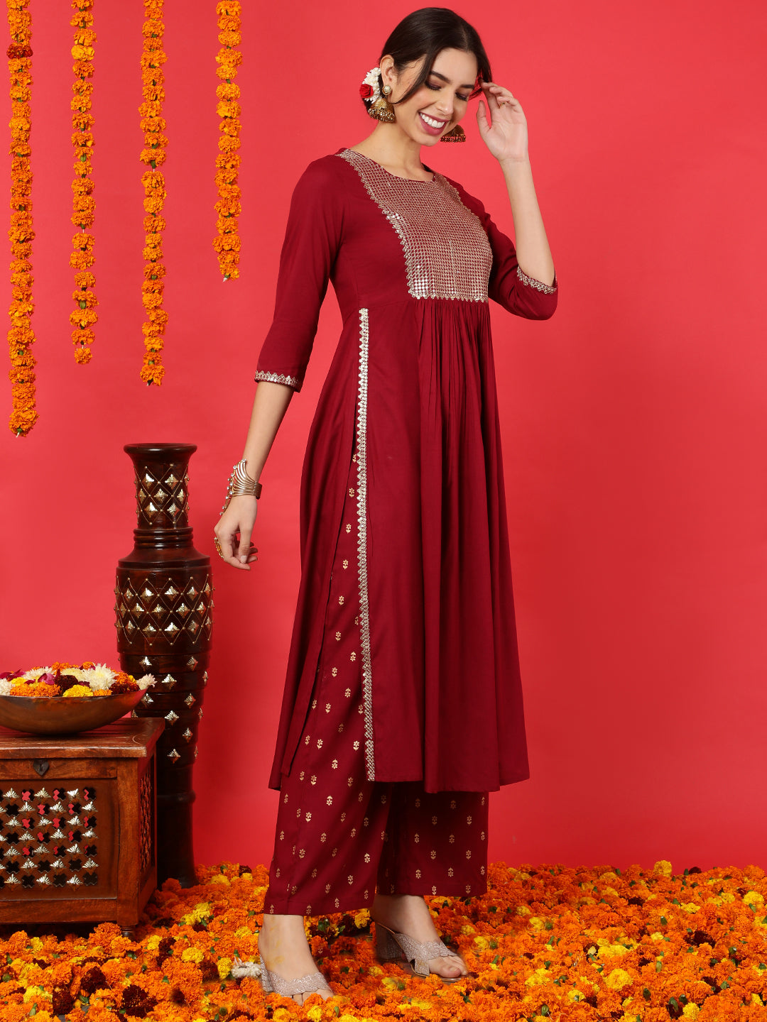 Rayon Calf Length Solid Flared 3/4 Sleeves Round Neck Kurta Bottom Dupatta Set