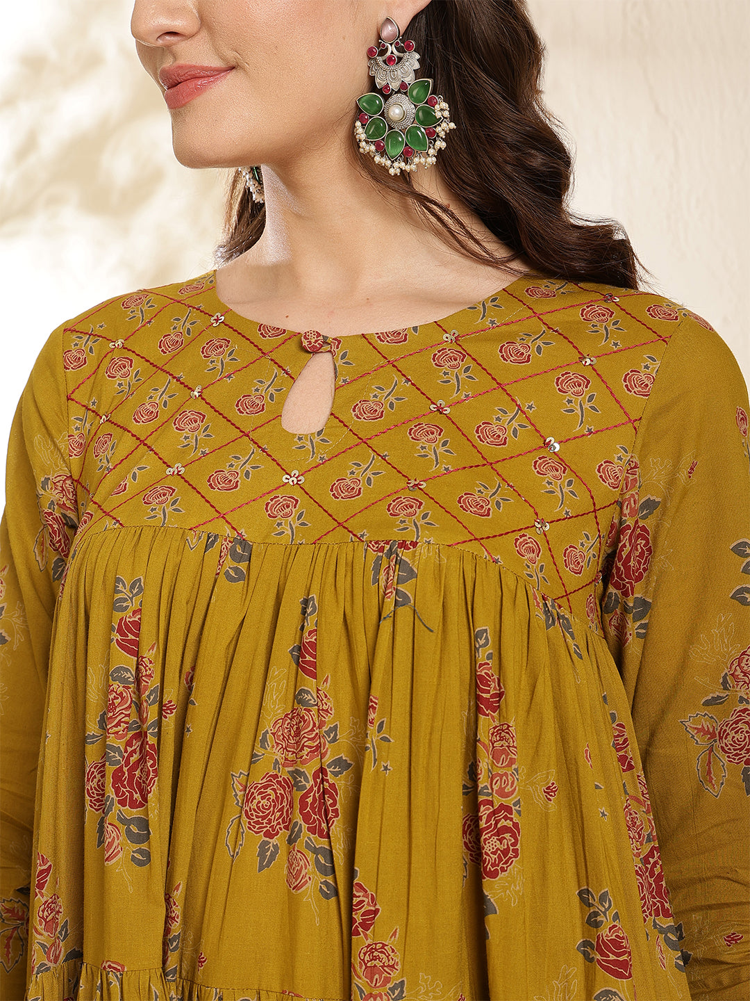 Cotton Calf Length Printed 3/4 Sleeve Key Hole Neck Tired Kurta Bottom With Dupatta