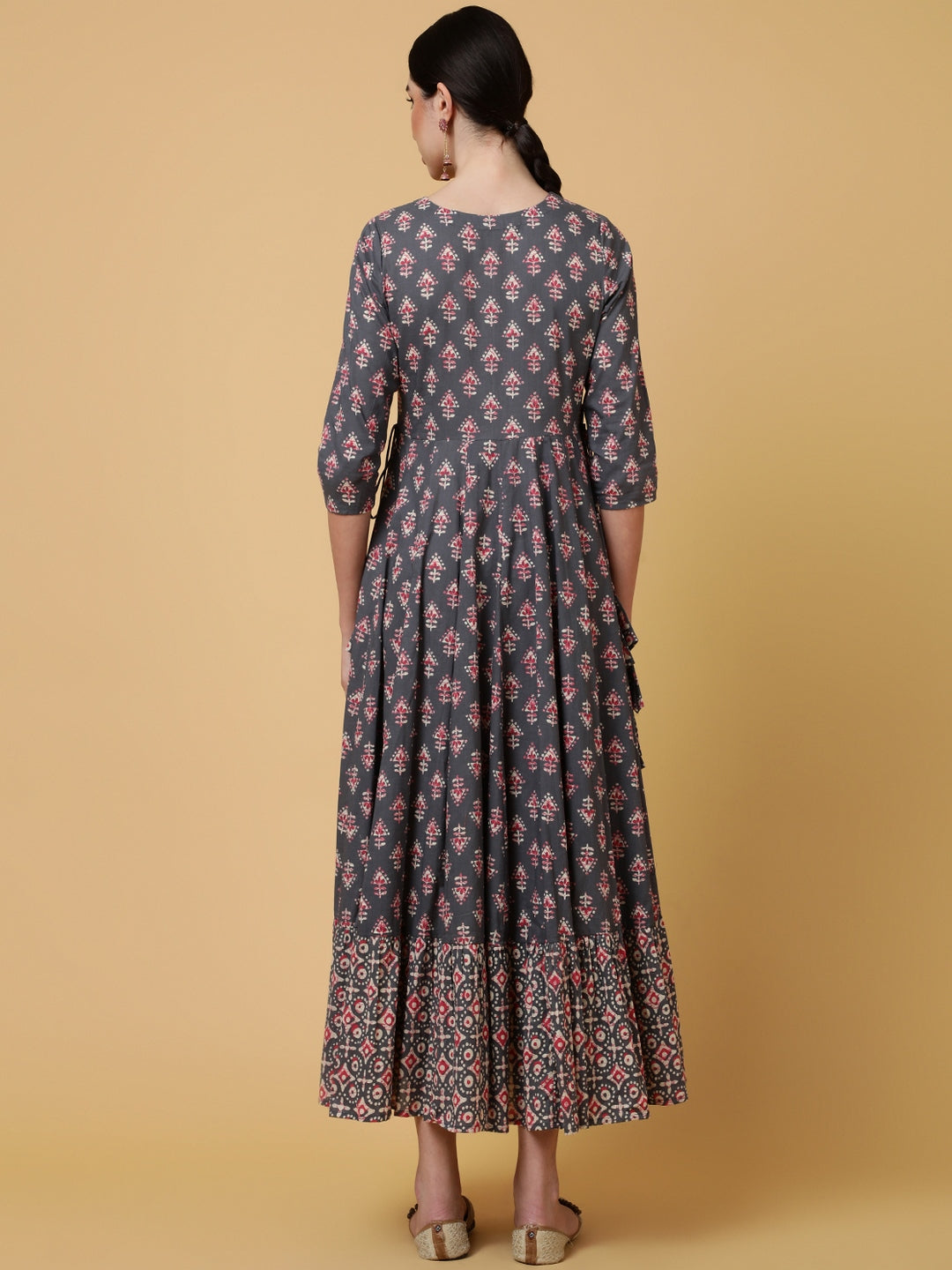 Cotton Calf Length Printed Flared 3/4 Sleeves Round Kurta